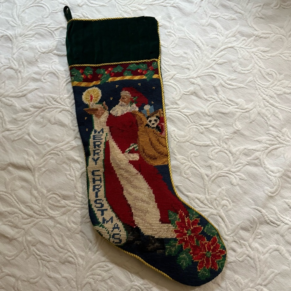 Vintage Needlepoint Christmas Stocking Santa Gifts Bag Poinsettia Green Velvet